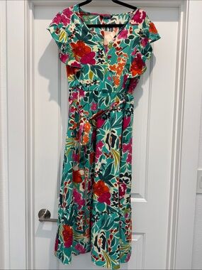 BloomChic Teal Multicolor Floral V-Neck Maxi Dress